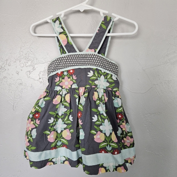 Matilda Jane Toddler Girl 2 Grey Floral Apron Dress Mixed Media Smocked Pink Dot - Picture 1 of 7